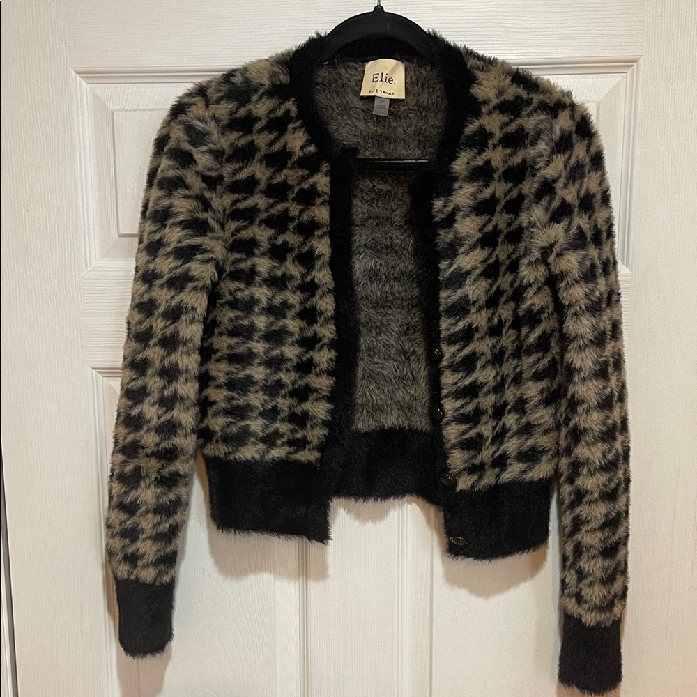 Elie. Black and Tan Fuzzy Houndstooth Cardigan